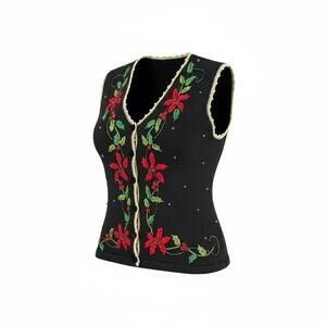 Holiday Sweater Vest Vintage Black Red Flowers Christmas Medium Embroidered